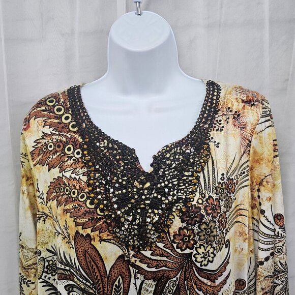 Simply Emma Blouse Grunge Whimsigoth Retro Floral Beaded Brown Green 1X - Picture 2 of 12